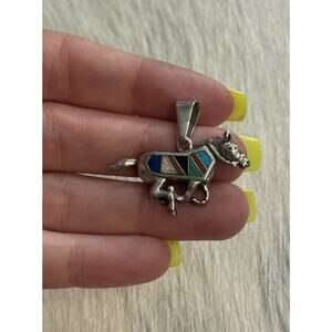 Native American Sterling Silver Inlay Horse Pendant Turquoise Coral Opal Onyx